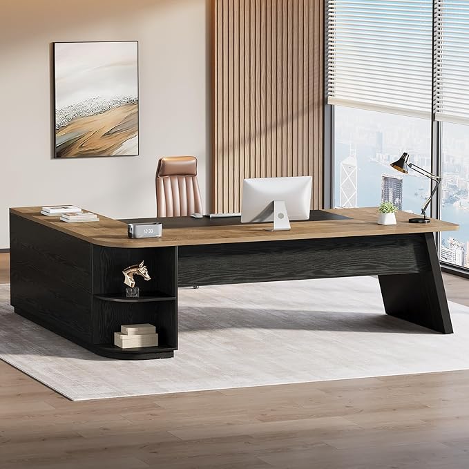 Tribesigns 79-Inch Executive Desk Large Office Desk with Cabinet L-Shaped Compter Desk with Storage Shelves Writing Table for Home Office Natural Oak and Black