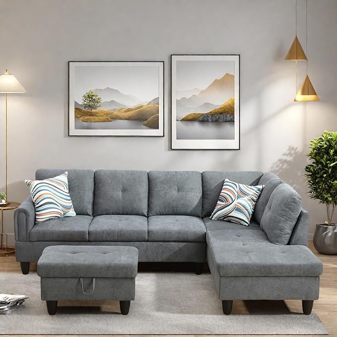 FONTOI L Shaped Sectional Couches Modern Modular Sectional Sofa for Living Room Bedroom Furniture Comfortable 4 Seat Couch with Ottoman Storage &amp Chaise Gray