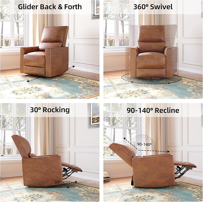 GAOMON Swivel Rocking Recliner Chair Manual Leather Recliner Glider with Lumbar Support &amp Padded Armrest Comfortable Rocker Nursery Single Sofa for Living Room and Bedroom (Brown)