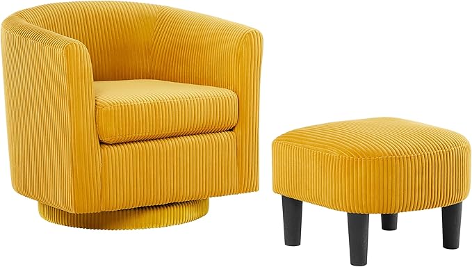 360° Swivel Accent Chair with Ottoman - Comfy Corduroy Recliner Armchair Single Sofa for Living Room &amp Bedroom (Yellow)