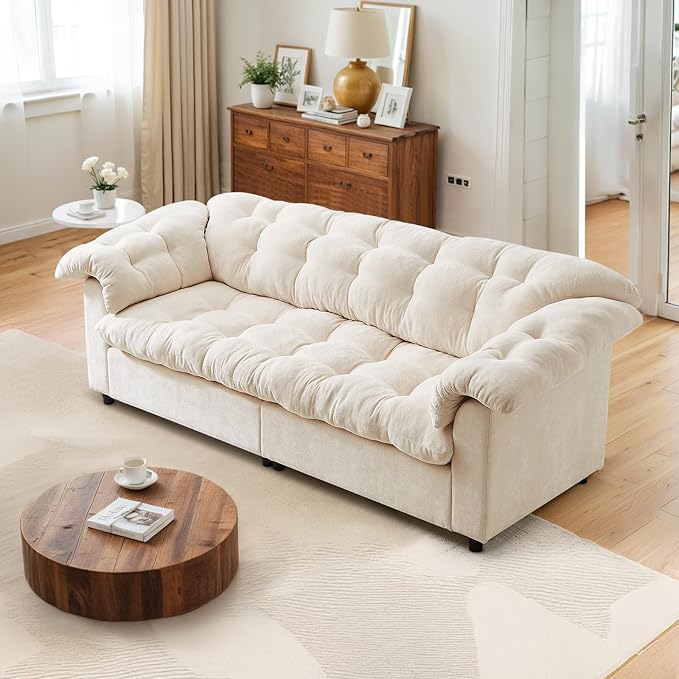 3-Seater Couch 94.8-inch Oversized Modern Comfy Tufted Chenille Fabric Cloud Fluffy Foam Deep Seat Soft Loveseat Sofa Couch for Living Room Bedroom Office Beige