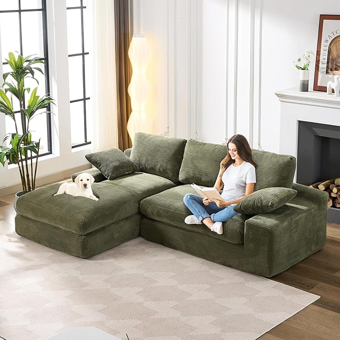 98.4 Green Sectional Sofa Cloud Modular Sectional Couch with ChaiseCorduroy Sectional Couches L-Shaped Modern Upholstered Sofa with Deep Seat for Living Room and BedroomNo Assembly Required(Green)
