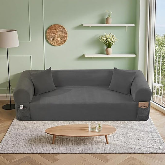 83'' Boneless Sofa in A Box 3-Seater Floor Sofa No Assembly Corduroy Couch for Living Room Cloud Couch with 2 Pillows &amp Storage Bag Memory Foam Small Floor Couches for Office Dark Gray