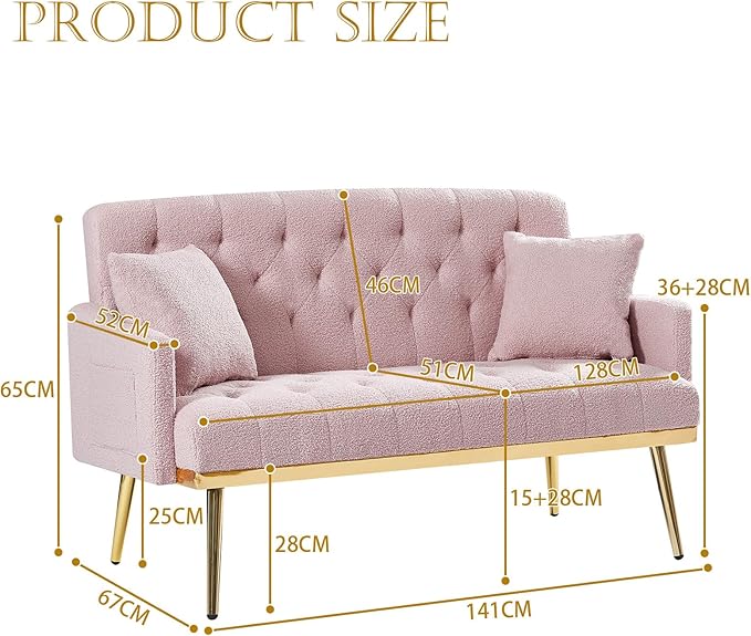 Upholstered Loveseat Sofa Modern Small Couch with Side Pocket and Golden Metal Legs Tufted Leisure Sofa for Living Room Bedroom Office Pink Teddy