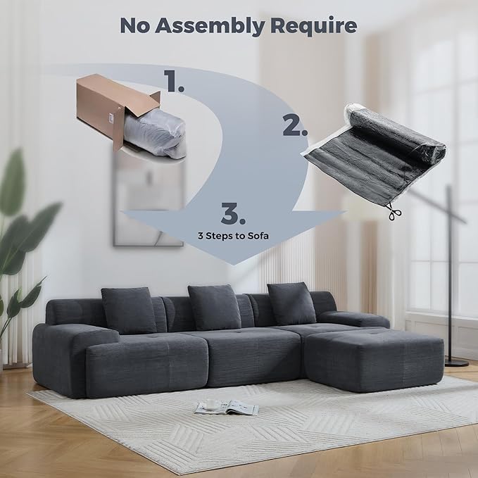 L-Shaped Boneless Modular Sectional Sofa 122 Modern Corduroy Upholstery Couches for Living Room Oversized 3-Seater Cloud Couch with Deep Seat and Movable Ottoman No Assembly Dark Grey