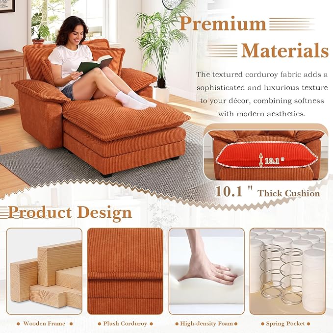 48 W Oversized Chaise Lounge Chair Indoor with Ottoman Upholstered Cloud Accent Chair with Extra Wide Armrests Comfy Green Corduroy Sleeper Chair for Living Room Bedroom Reading (Orange)