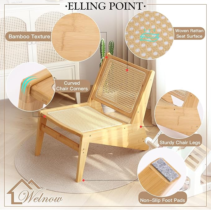 Welnow 2-Pcs Mid Century Rattan Accent Chair Bamboo Wood Lounge Chair with Woven Cane Backrest Low Armchair for Living Room Bedroom Balcony or Reading Corner Natural