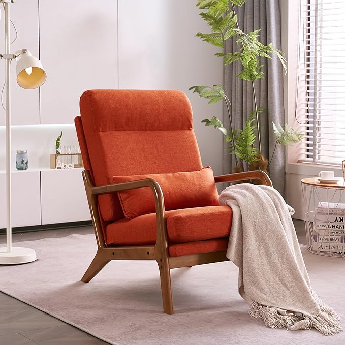 Accent Chair with Pillow - High Back Reading Armchair with Solid Wood Armrest - Iron Frame and Linen - Lounge Chair with Back and Seat Cushion - Sofa Chair for Bedroom Living Room - Orange