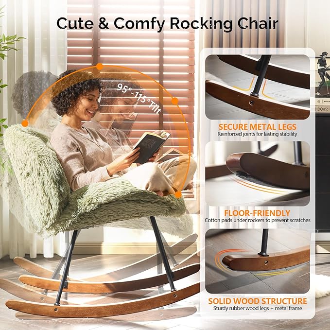VINGLI 25.6 Extra Wide Nursery 115° Armless Rocking Chair Curved Cute Cross-Legged Glider Chair with Pillow &amp Solid Wood Nursing Chair for Bedroom Living Room Fluffy Fleece Grass Green