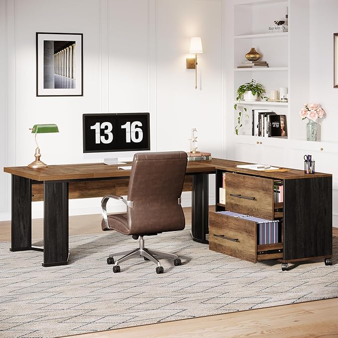 Tribesigns 70.86 Executive Desk with Mobile File Cabinet Large L Shaped Computer Office Desk with 2 Drawers and Storage Shelves Business Furniture Desk Workstation for Home Office (Rustic Brown)