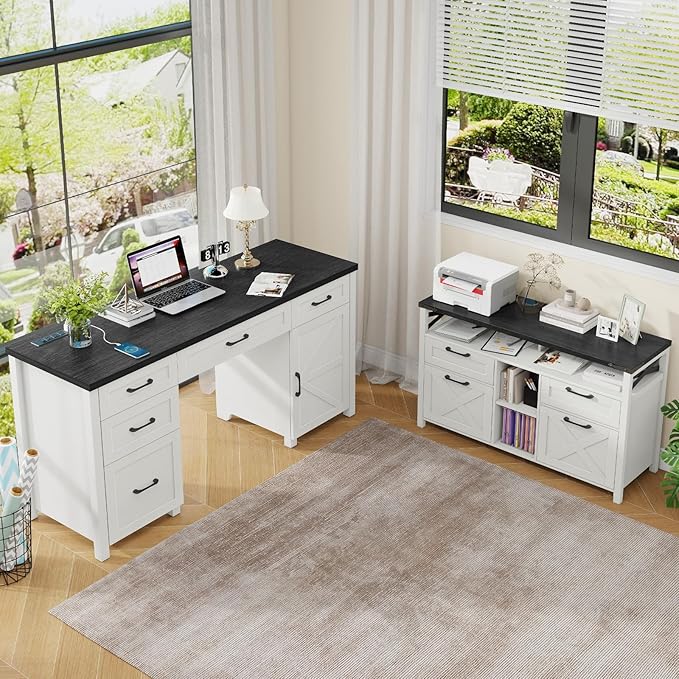 Lateral File Cabinets 4 Drawers with Open Storage Shelf Farmhouse Filing Cabinet with Adjustable Shelf for Home Office Filing Organization Storage Cabinets for Hanging Files Letter/A4. Black