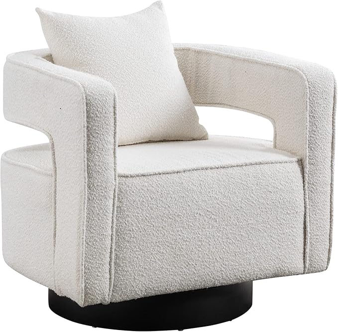 29 W Modern Boucle Swivel Accent Chair Open Back Comfy Sofa Chair with Black Wood Base for Nursery Bedroom Living Room Hotel Office Club Leisure Lounge Chair (Ivory)