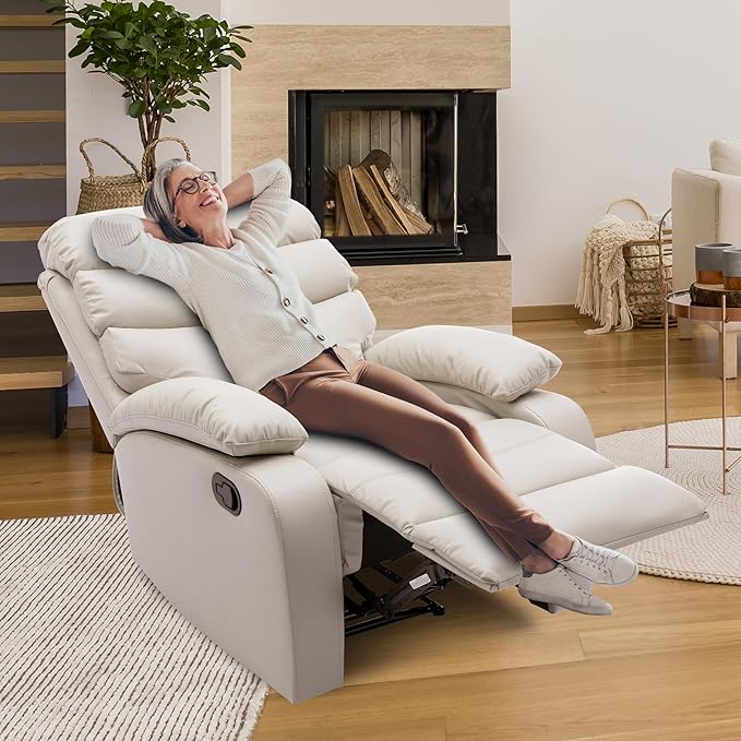 Manual Recliner Chairs for Adults PU Leather Small Recliner Chair for Small Space RV Lazy Boy Single Sofa Chairs Beige
