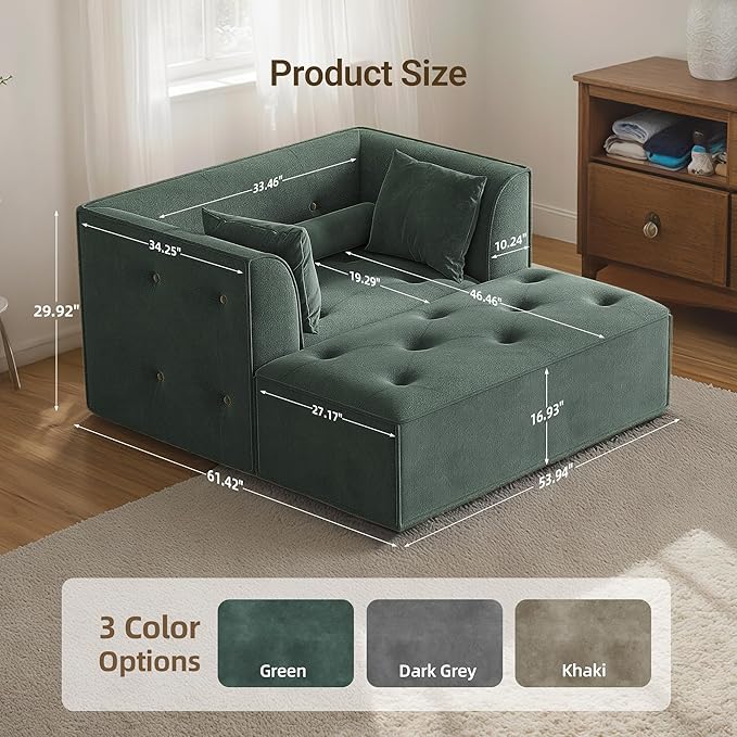 62 Chaise Lounge Chair IndoorDeep Seat Sleeper Sofa Cloud Couch with 3 Soft Pillows and OttomanComfy Cloud Seat for Living Room Apartment Office(Green Chaise Lounge+Ottoman)