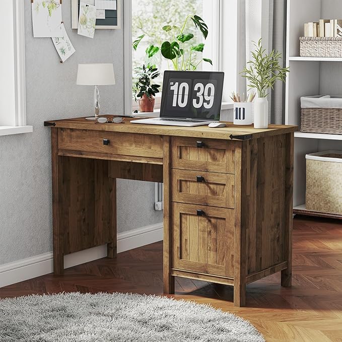 Farmhouse Executive Desk 45 inch Computer Desk with 4 Drawers Smart Charging Station Home Office &amp Study Room Essential for Remote Workers Professionals &amp Students.Vintage