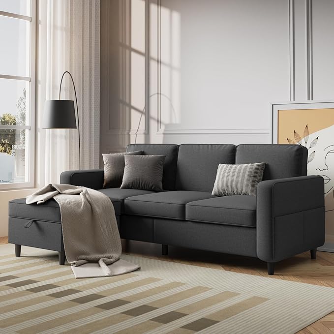 Sectional Sofa Couches for Living Room 78'' Dark Grey 3 Seater L-Shaped Couch with Storage Ottoman Comfy Fabric Convertible Sectionals Sofas with Chaise for Apartment Office Small Space