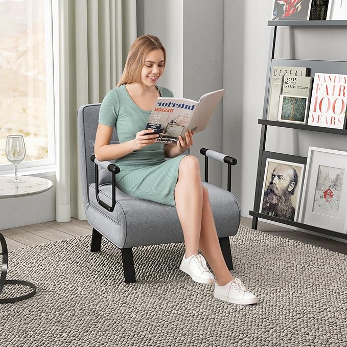 POWERSTONE Convertible Sleeper Chair Bed 4 in 1 Living Room Reading Chair with Pillow Wide Cushion Arm and Adjustable 5 Position Backrest Single Sofa Bed Light Grey