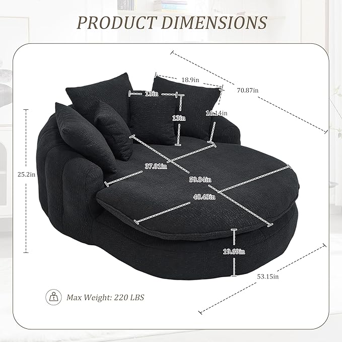 KEIKI 71 Chenille Round Boneless Sofa Couch Oversized Chaise Lounge Chair Couches Indoor No Assembly Required Floor Lazy Bean Bag Modern Sleeper Sofa Bed for Living Guest Room &amp Bedroom Black