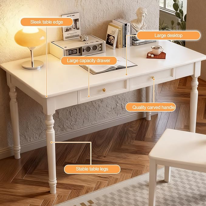 Solid Wood French Country DeskWriting Desk with Storage DrawersFarmhouse Computer Table Makeup Table Modern Simple Stylefor Home Office Living Room Study Workspace Bedroom (White 47.2IN)