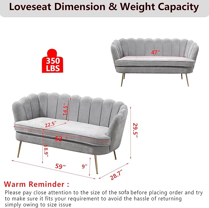 Chenille Small Sofa Couch for Small Spaces Living Room Bedroom59 Loveseat Couches with Gold Metal LegsChannel Tufted 2 Seater Sofas with Curved Back and Arms for ApartmentRV.