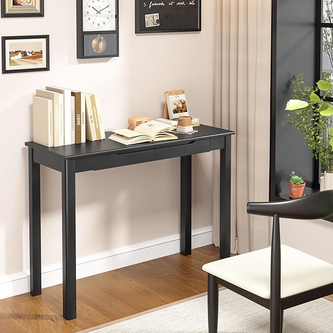 Solid Wood Desk with Drawers - 39 x 16 Inch Simple Narrow Desks Modern Computer Desks Rubber Wood Study Table Small Writing Desk for Bedroom|Small Spaces - Black