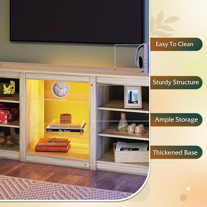 WLIVE Modern TV Stand for 65 Inch TV Entertainment Center with Adjustable Open Shelves &amp RGB LED Lights Sturdy Media Console for Living Room BedroomGaming(Gray Oak)