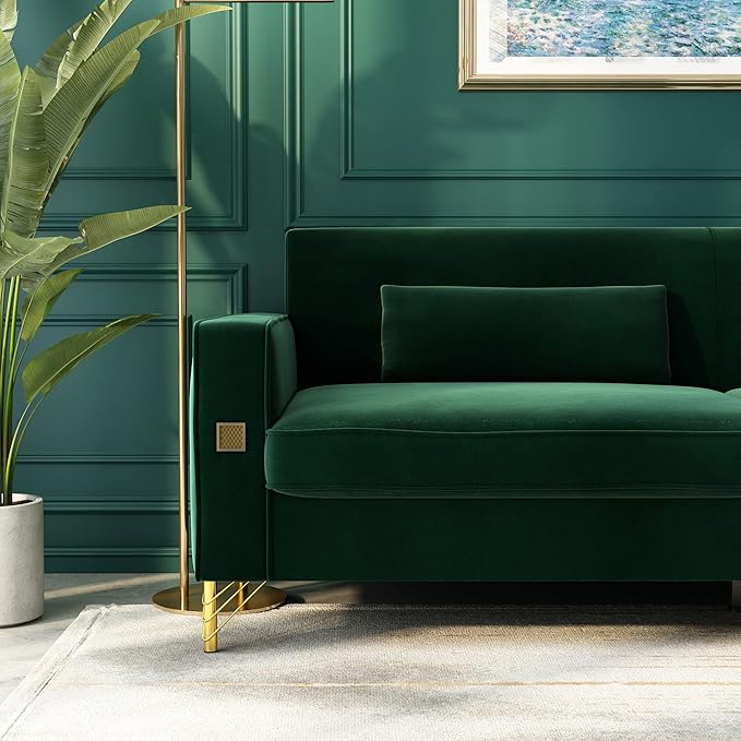 85.63 Velvet SofaModern Loveseat Couch with Pillows Set of 2 for Living RoomBedroomApartment Furniture with Gold Metal Legs (Green)