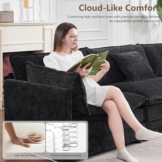 Modular Cloud Sectional Sofa Modern Chenille L Shaped Sectional Couch with Ottoman &amp Pillows 5 Seater Deep Seat Corner Couches for Living Room Apartment Office Black