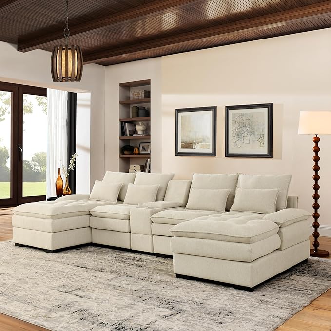 6 Seater Symmetrical U Shaped Modular Sectional Sofa Couch with Storage Console 130 INCH Oversized Tufted Linen Cloud Cushion Sofa Couch with Double Chaise &amp Cupholders