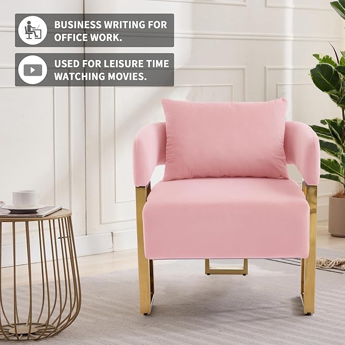 YISHENG Modern Barrel Accent Chairs Set of 2 Living Room Side Chairs with Golden Metal Legs Velvet Upholstered Reading Armchairs no Wheels for Vanity/Reception Room//Bedroom/Lounge/Office Pink