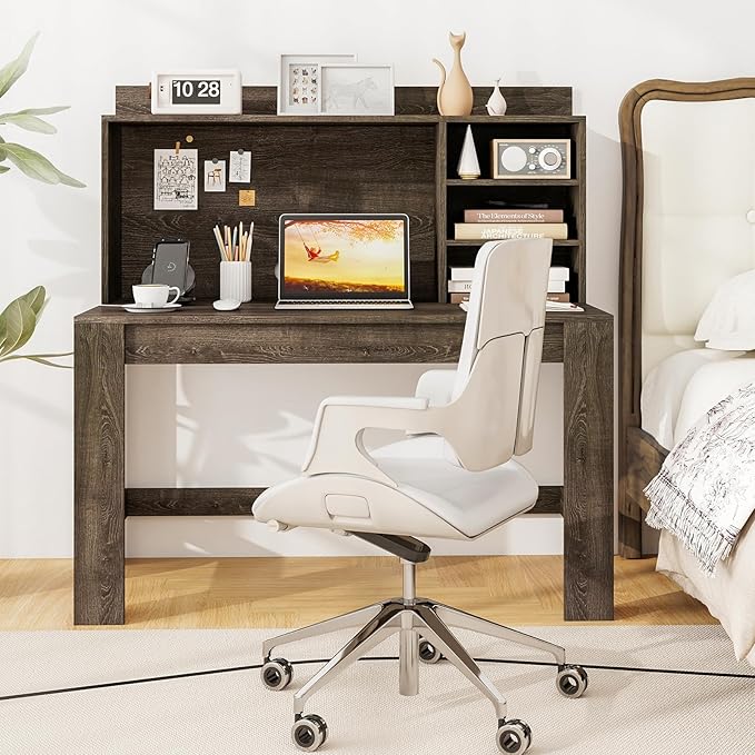 Tangkula Computer Desk with Hutch &amp Charging Station Home Office Writing Study Desk with Storage Shelves Cable Management Hole Laptop Desk Desk for Bedroom Computer Workstation (Gray Oak)