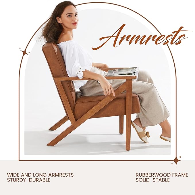 Topeakmart PU Leather Accent Chair Modern Mid Century Armchair Sofa Chair with Wooden Frame and Sturdy Legs for Living Room 1/Light Brown