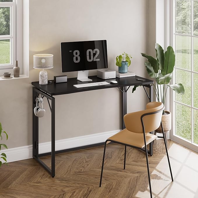 JOYMOOP Black 47.2 Folding Desk No Assembly Small Foldable Desk for Home Office Wooden Top Folding Computer Desk for Working Writing Studying - Large Size