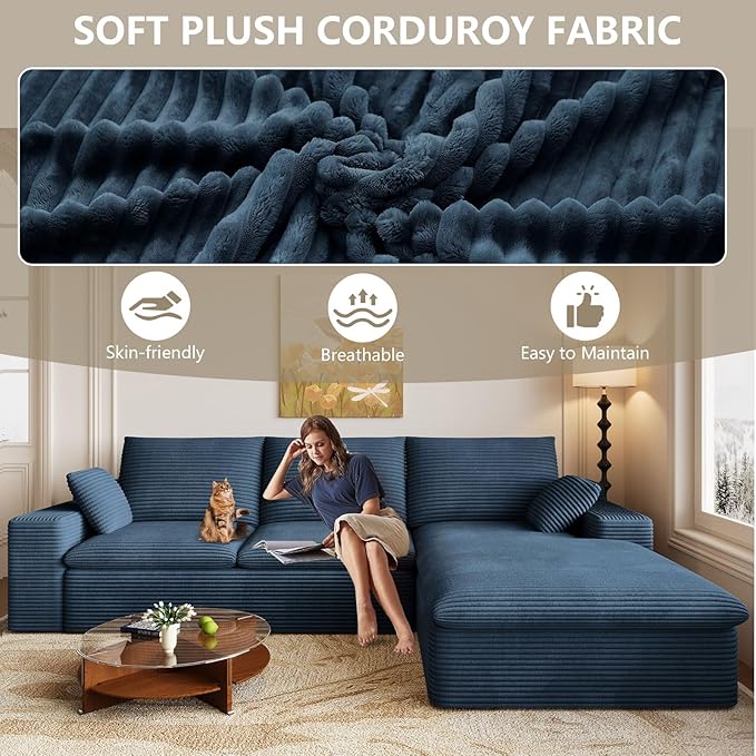 107 Cloud Couch Modular Sectional Couchs with Chaise Lounge L-Shape Boneless Couches for Living Room Corduroy Sofa with Deep Seat No Assembly Required (Blue Right Facing Chaise)