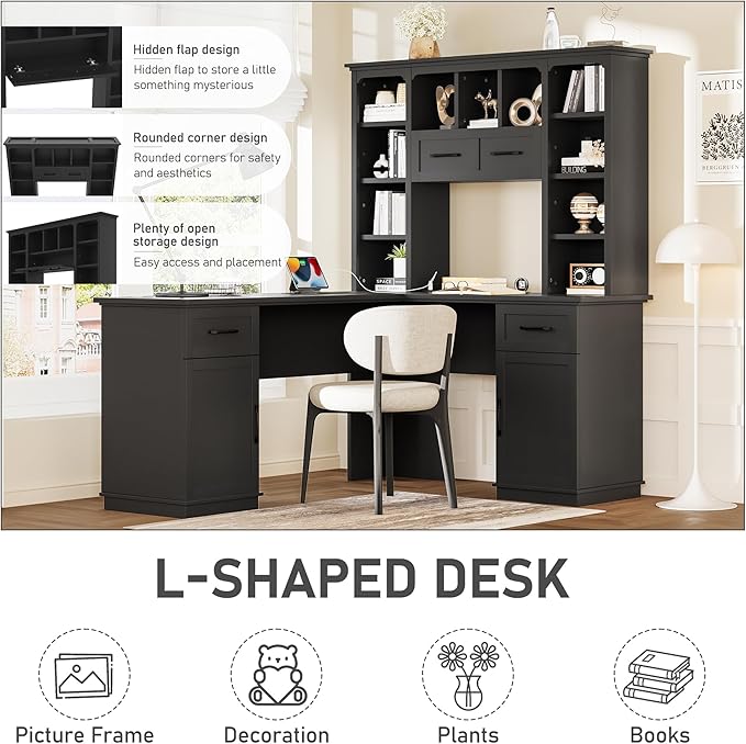 L-Shaped Executive Desk Writing Desk Office Study Workstation with Storage Cabinets and Bookcases Wood Home Office Computer Desk for Living Room Study Room (Black-11.8)