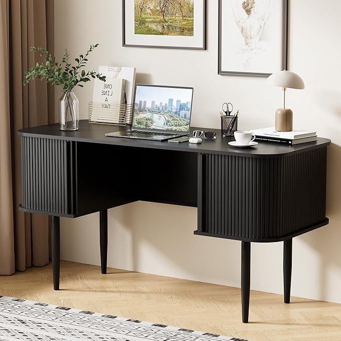 55 Modern Writing Desk with Sliding Doors Wood Home Office Desk with Storage Computer Desk for Study Living Room Dorm Black