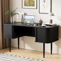 55 Modern Writing Desk with Sliding Doors Wood Home Office Desk with Storage Computer Desk for Study Living Room Dorm Black