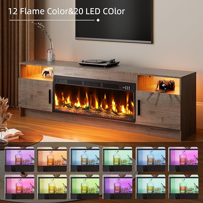 Fireplace TV Stand with 36 Fireplace Up to 80 TV 70 Entertainment Center with LED Lights Remote Control TV Media Console with Storage Cabinets for Living Room Grey