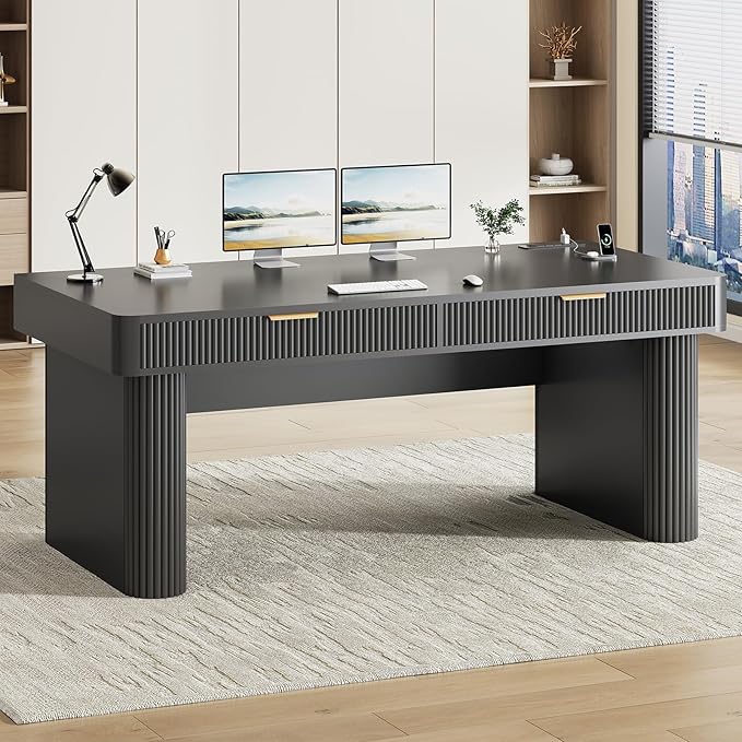 SEDETA Office Desk with 2 Drawers 59 Fluted Computer Desk with Storage and Power Strip Wood Executive Desk Writing Desk for Home Office Living Room Bedroom Black