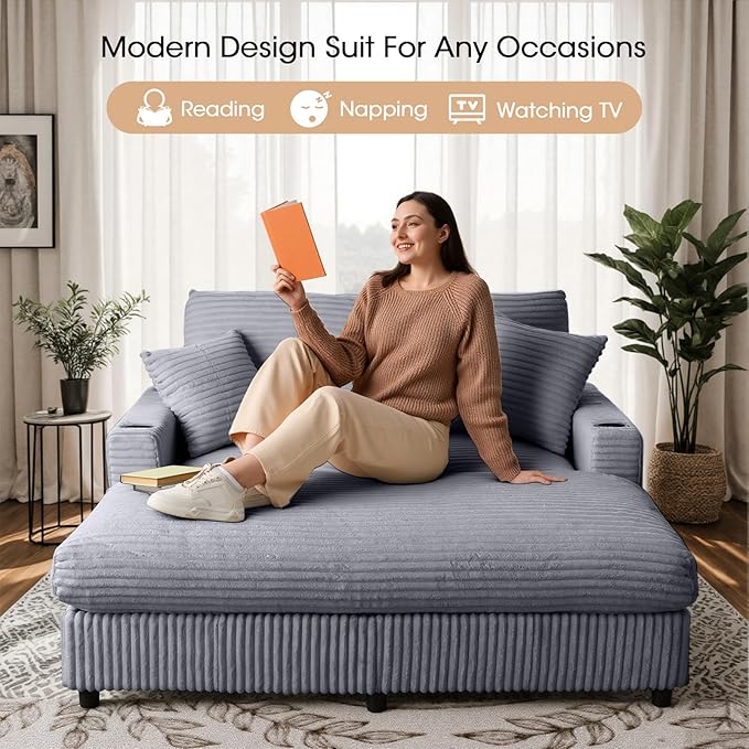 64 Chaise Lounge Indoor Oversized Chaise Lounge Chair with 2 PillowsUSB Charger Cup Holder Corduroy Sofa Bed Lazy Sleeper Couch Reading Chair for Apartment Grey