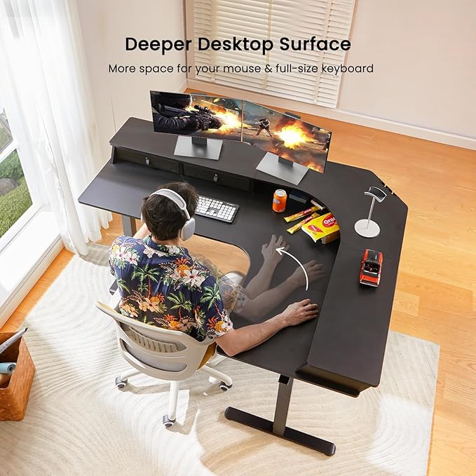 ErGear Electric L Shaped Standing Desk 65'' Height Adjustable Corner Stand up Desk with Storage Drawers &amp Cable Management Trays Modern Home Office Computer Workstation Black