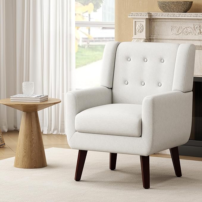 Linen Fabric Living Room Chairs Accent Chair Mid Century Modern Armchair for Living Room Bedroom Button Tufted Upholstered Comfy Reading SofasVanity Chair (1 Beige)