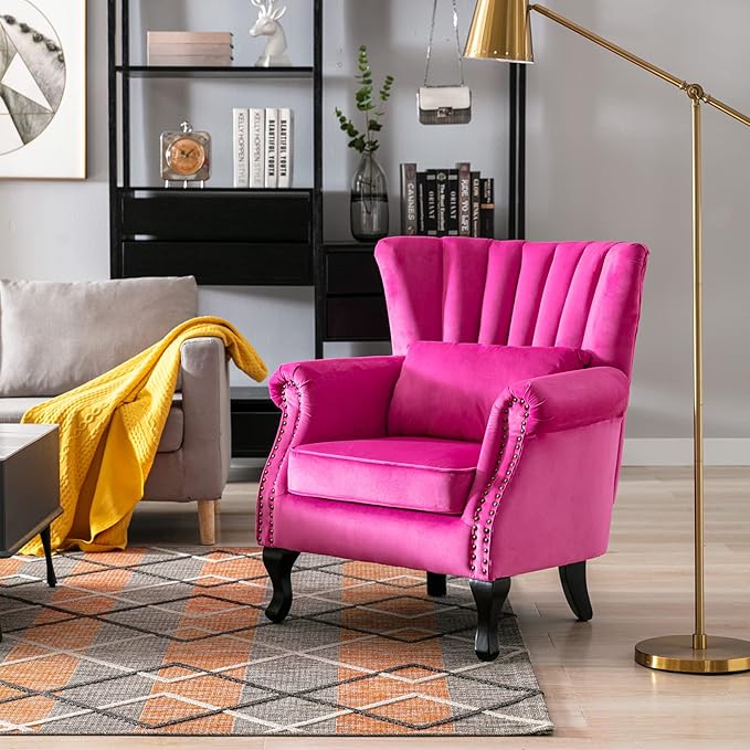 Accent Reading Arm Chairs Midcentury Modern Comfy Corner Sofa Chair Wingback Waiting Room Club Chair with Tufted Back for Living Room/Bedroom/Reception Room Velvet Rose