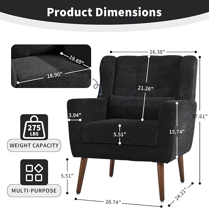 Modern Accent Chair Upholstered Arm Chair with Waist Pillow Single Sofa Chair for Living Room Bedroom Small Spaces (Black)