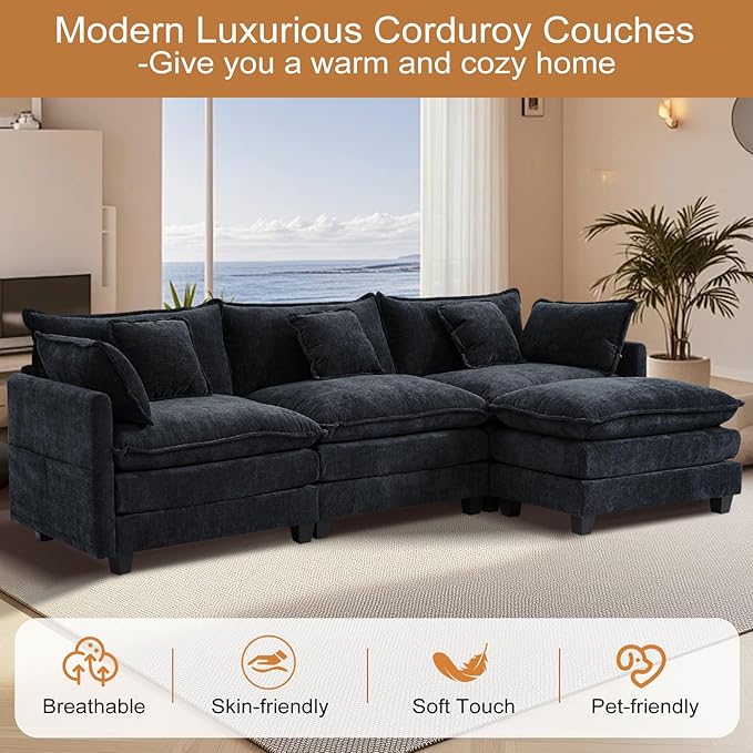 Furniliving 112‘’ L-Shaped Sofa Luxury Chenille Modular Sectional Couches with Ottoman Upholstered Deep Seat Sleeper Sofa with Memory Foam and Waist Pillows Black