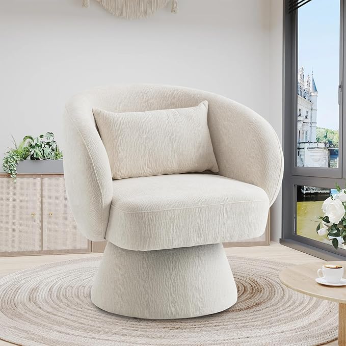 Swivel Accent Chair Sherpa Bucket Chair Velvet Upholstered Armchair 360° Swivel Bucket Shaped Armchair with Pillow and Round Back for Living Room Bedroom Nursery (Beige)