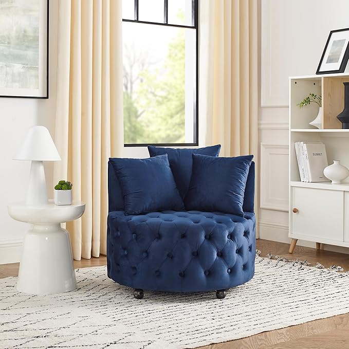 Velvet Upholstered Swivel Chair for Living Room with Button Tufted and Movable Wheels Including 3 Pillows Blue