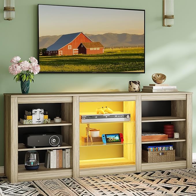 WLIVE Modern TV Stand for 65 Inch TV Entertainment Center with Adjustable Open Shelves &amp RGB LED Lights Sturdy Media Console for Living Room BedroomGaming(Gray Oak)