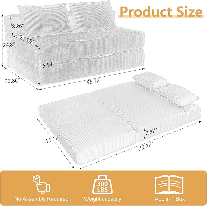 Folding Sofa Bed Full Size Convertible Sleeper Loveseat with 2 Pillows Corduroy Foldable Couch Bed Boneless Loveseat Couch for Living Room Apartment Small Spaces (Green)
