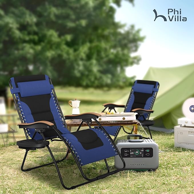 PHI VILLA XXL Oversized Padded Zero Gravity Chair Foldable Patio Recliner 30 Wide Seat Anti Gravity Lounger with Cup Holder Support 400 LBS (Navy Blue)